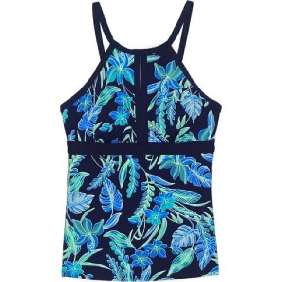 Land’s End Plus Standard high neck keyhole tankini top blue print soft D cup Var - Picture 13 of 14